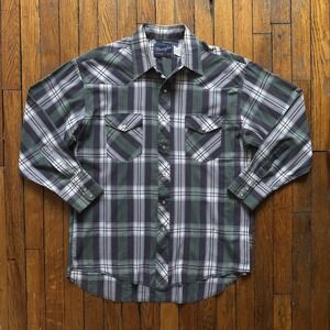 VTG 80s Wrangler Shirt X Long Tails Pearl Snap 16 1/2‎ 33 Western Green Purple